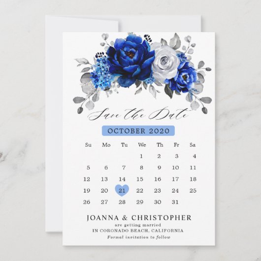 Royal Blue White Silver Metallic Floral kalender Save The Date (Voorkant)