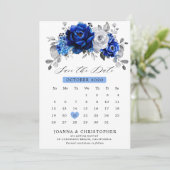 Royal Blue White Silver Metallic Floral kalender Save The Date (Staand voorkant)