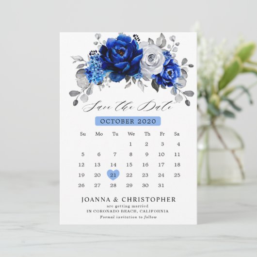 Royal Blue White Silver Metallic Floral kalender Save The Date (Staand voorkant)