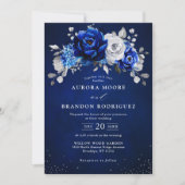 Royal Blue White Silver Metallic Floral Weddenscha Kaart (Voorkant)