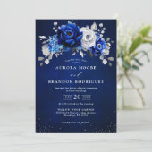 Royal Blue White Silver Metallic Floral Weddenscha Kaart (Staand voorkant)