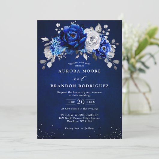 Royal Blue White Silver Metallic Floral Weddenscha Kaart (Staand voorkant)