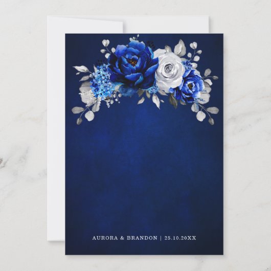 Royal Blue White Silver Metallic Floral Weddenscha Kaart (Achterkant)