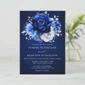 Royal Blue White Silver Metallic Floral Weddenscha Kaart (Staand voorkant)