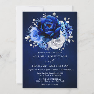 Royal Blue White Silver Metallic Floral Weddenscha Kaart