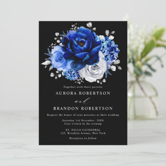 Royal Blue White Silver Metallic Floral Weddenscha Kaart (Staand voorkant)