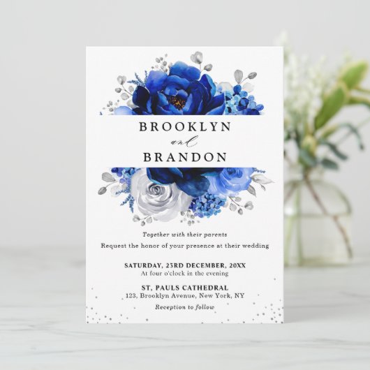 Royal Blue White Silver Metallic Floral Weddenscha Kaart (Staand voorkant)