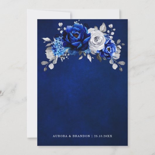 Royal Blue White Silver Metallic Floral Weddenscha Kaart (Achterkant)