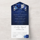 Royal Blue White Silver Metallic Floral Wedding Al All In One Uitnodiging (Binnen)