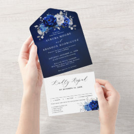 Royal Blue White Silver Metallic Floral Wedding Al All In One Uitnodiging