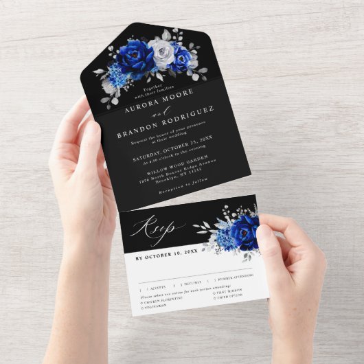 Royal Blue White Silver Metallic Floral Wedding Al All In One Uitnodiging (Afscheurbaar)