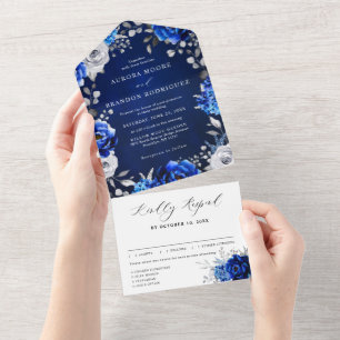 Royal Blue White Silver Metallic Floral Wedding Al All In One Uitnodiging