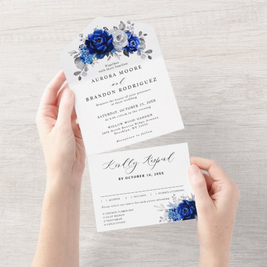 Royal Blue White Silver Metallic Floral Wedding All In One Uitnodiging (Afscheurbaar)