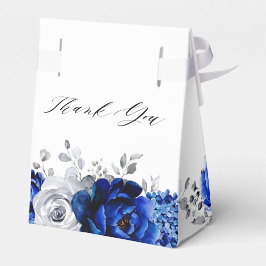 Royal Blue White Silver Metallic Floral Wedding Bedankdoosjes (Achterkant)