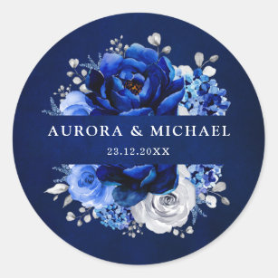 Royal Blue White Silver Metallic Floral Wedding Cl Ronde Sticker