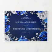 Royal Blue White Silver Metallic Floral Wedding Drieluik Aankondiging (Cover)