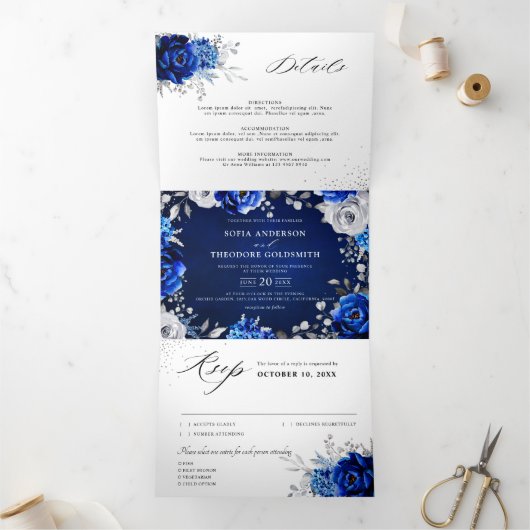 Royal Blue White Silver Metallic Floral Wedding Drieluik Aankondiging (Binnen)