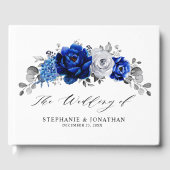 Royal Blue White Silver Metallic Floral Wedding Gastenboek (Voorkant)