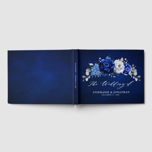 Royal Blue White Silver Metallic Floral Wedding Gu Gastenboek (Volledig)