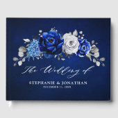 Royal Blue White Silver Metallic Floral Wedding Gu Gastenboek (Voorkant)