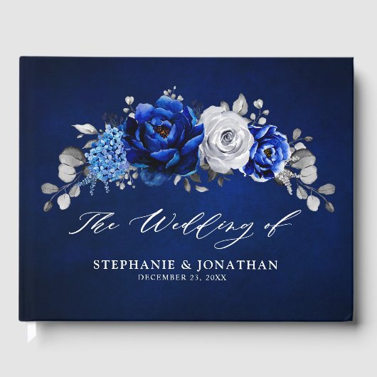 Royal Blue White Silver Metallic Floral Wedding Gu Gastenboek (Voorkant)