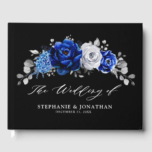 Royal Blue White Silver Metallic Floral Wedding Gu Gastenboek (Voorkant)