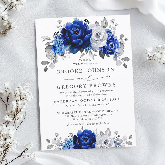Royal Blue White Silver Metallic Floral Wedding Kaart