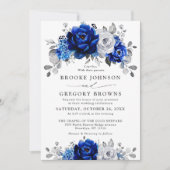 Royal Blue White Silver Metallic Floral Wedding Kaart (Voorkant)