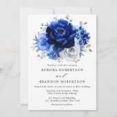 Royal Blue White Silver Metallic Floral Wedding Kaart (Voorkant)