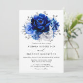 Royal Blue White Silver Metallic Floral Wedding Kaart (Staand voorkant)