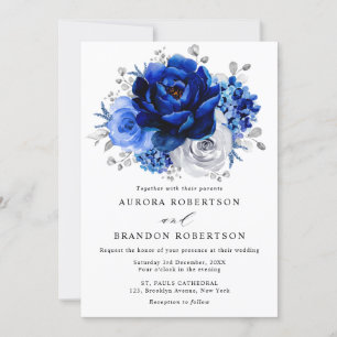 Royal Blue White Silver Metallic Floral Wedding Kaart