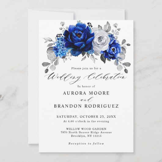 Royal Blue White Silver Metallic Floral Wedding Kaart (Voorkant)