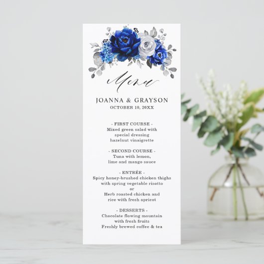 Royal Blue White Silver Metallic Floral Wedding Menu (Staand voorkant)