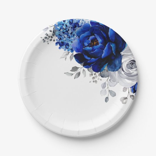 Royal Blue White Silver Metallic Floral Wedding Pa Papieren Bordje (Voorkant)