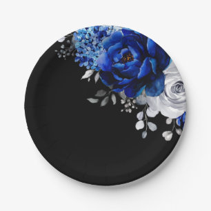Royal Blue White Silver Metallic Floral Wedding Pa Papieren Bordje