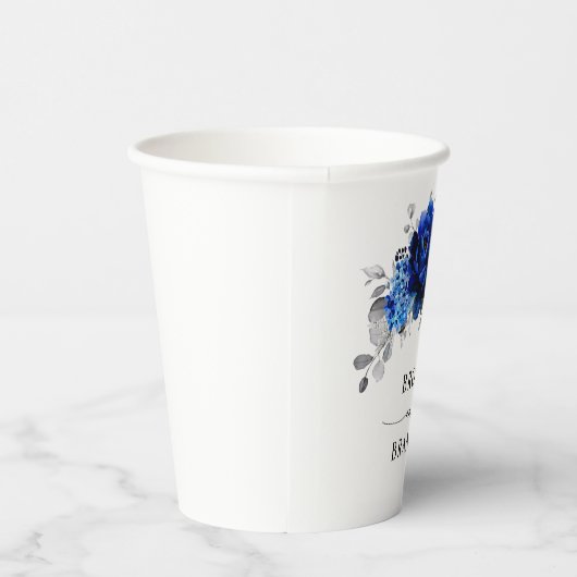 Royal Blue White Silver Metallic Floral Wedding Papieren Bekers (Rechts)