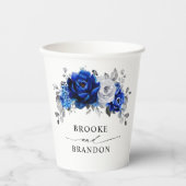 Royal Blue White Silver Metallic Floral Wedding Papieren Bekers (Voorkant)
