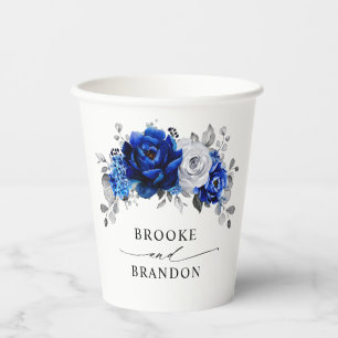 Royal Blue White Silver Metallic Floral Wedding Papieren Bekers