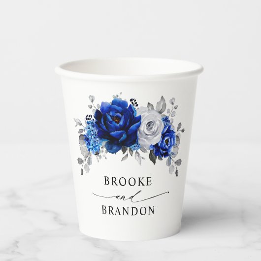 Royal Blue White Silver Metallic Floral Wedding Papieren Bekers (Voorkant)