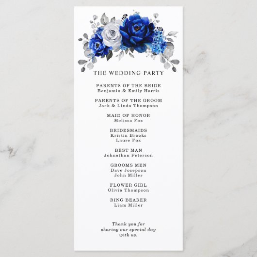 Royal Blue White Silver Metallic Floral Wedding Programmakaart (Achterkant)