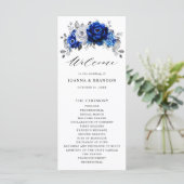 Royal Blue White Silver Metallic Floral Wedding Programmakaart (Staand voorkant)