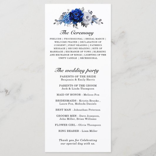 Royal Blue White Silver Metallic Floral Wedding Programmakaart (Achterkant)