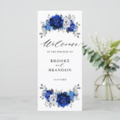 Royal Blue White Silver Metallic Floral Wedding Programmakaart (Staand voorkant)