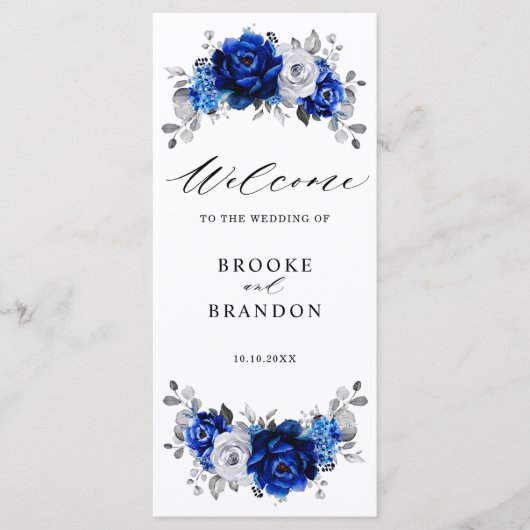 Royal Blue White Silver Metallic Floral Wedding Programmakaart (Voorkant)