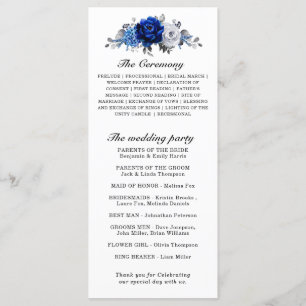 Royal Blue White Silver Metallic Floral Wedding Programmakaart