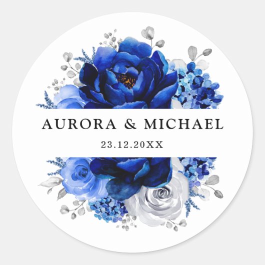 Royal Blue White Silver Metallic Floral Wedding Ronde Sticker (Voorkant)