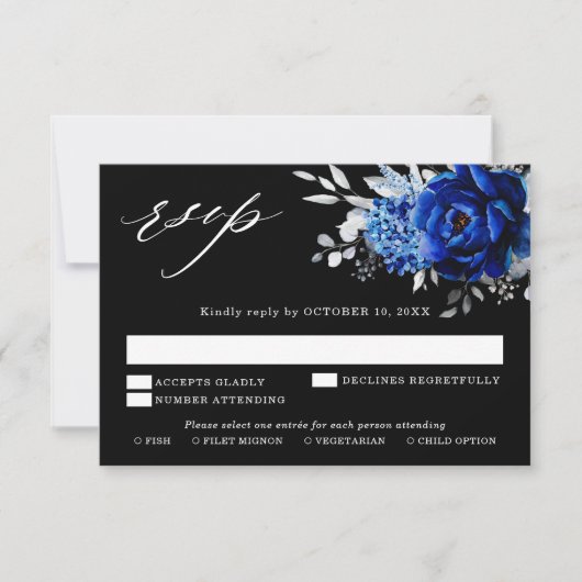 Royal Blue White Silver Metallic Floral Wedding RS RSVP Kaartje (Voorkant)