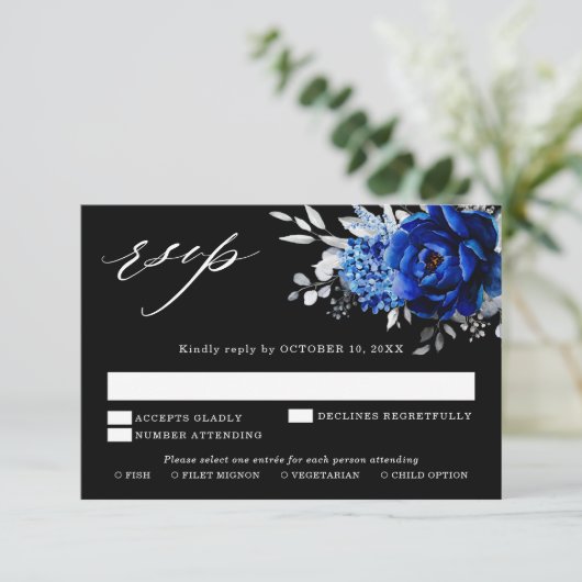 Royal Blue White Silver Metallic Floral Wedding RS RSVP Kaartje (Staand voorkant)