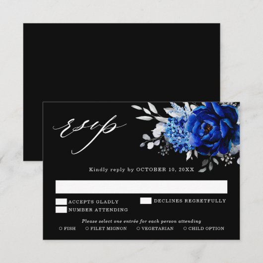 Royal Blue White Silver Metallic Floral Wedding RS RSVP Kaartje (Voorkant / Achterkant)
