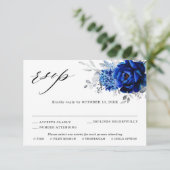 Royal Blue White Silver Metallic Floral Wedding RSVP Kaartje (Staand voorkant)